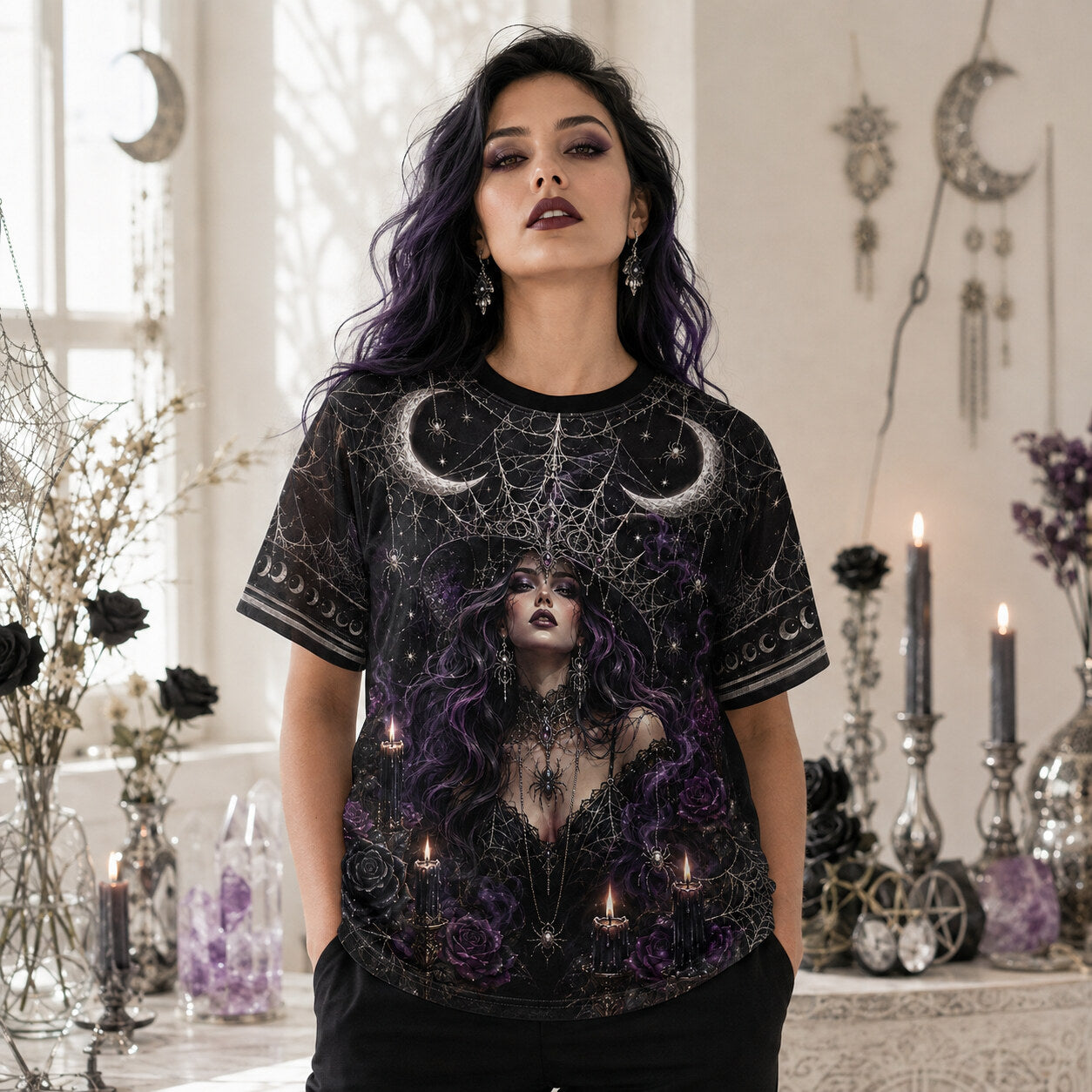 Spider Web Full Moon Witch T-Shirt Purple Candle Gothic Tee worn, front view