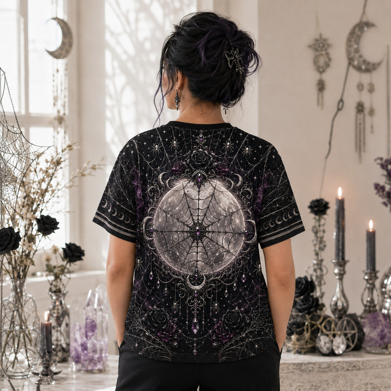 Spider Web Full Moon Witch T-Shirt Purple Candle Gothic Tee worn, back view