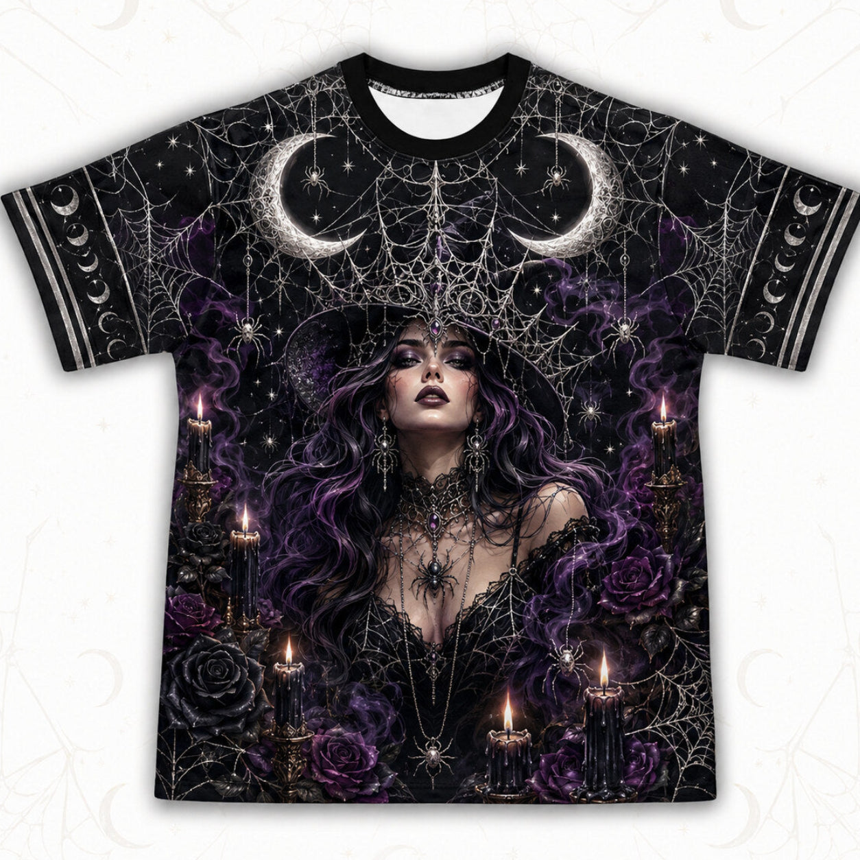 Spider Web Full Moon Witch T-Shirt Purple Candle Gothic Tee front view