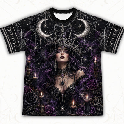 Spider Web Full Moon Witch T-Shirt Purple Candle Gothic Tee front view