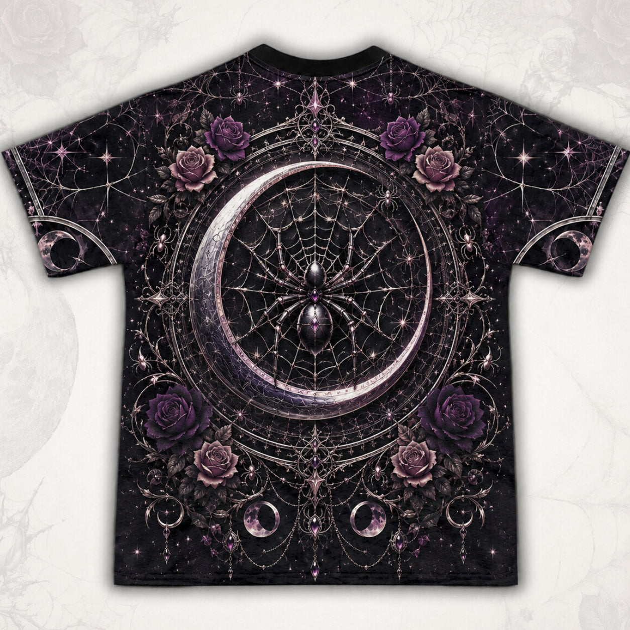 Spider Web Moon Witch T-Shirt Purple Crescent Gothic Tee back view