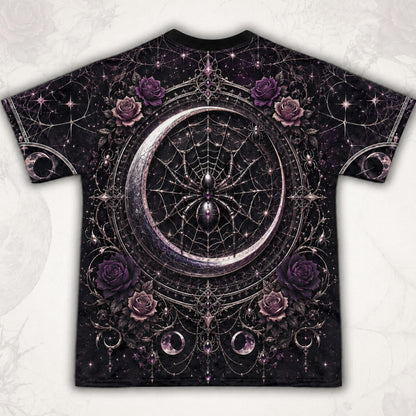 Spider Web Moon Witch T-Shirt Purple Crescent Gothic Tee back view