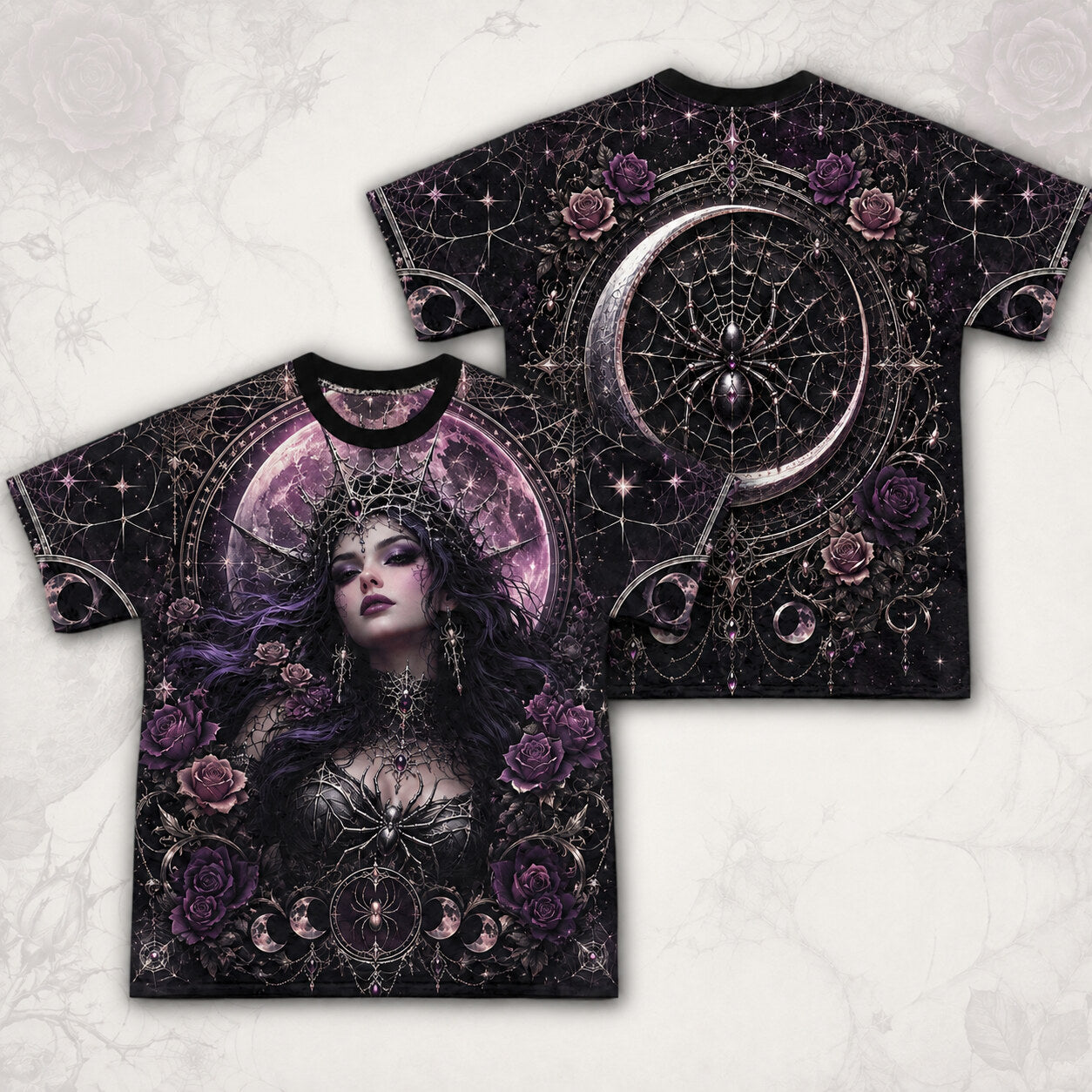 Spider Web Moon Witch T-Shirt Purple Crescent Gothic Tee front and back together