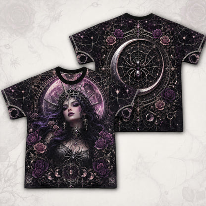 Spider Web Moon Witch T-Shirt Purple Crescent Gothic Tee front and back together