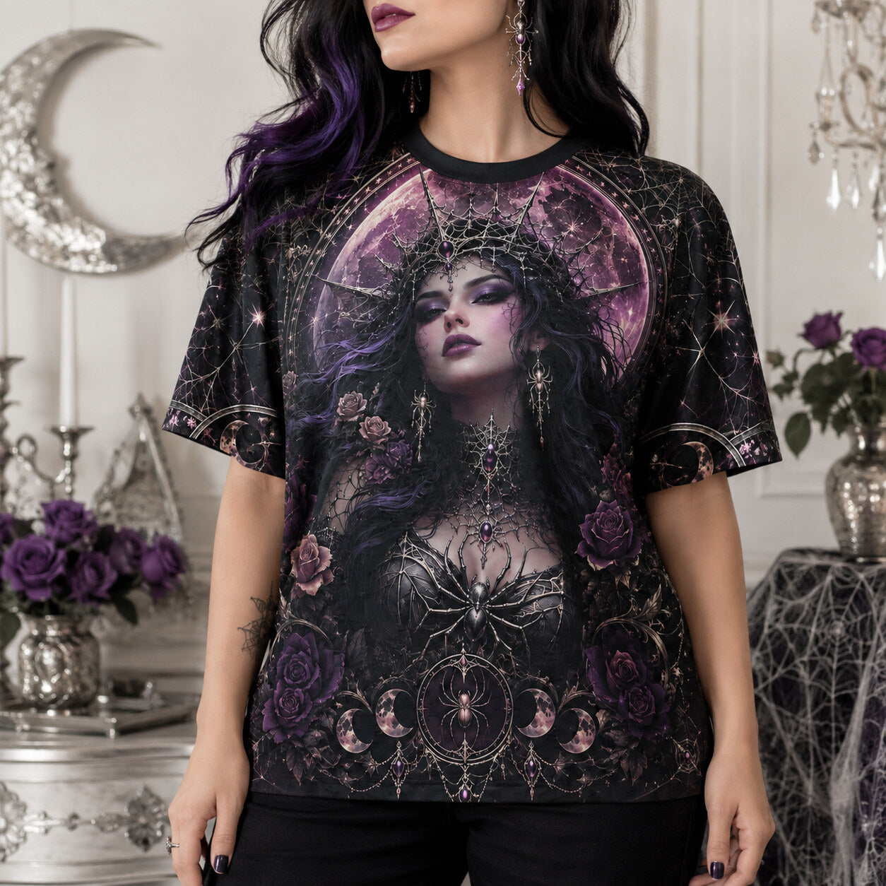 Spider Web Moon Witch T-Shirt Purple Crescent Gothic Tee worn, front view