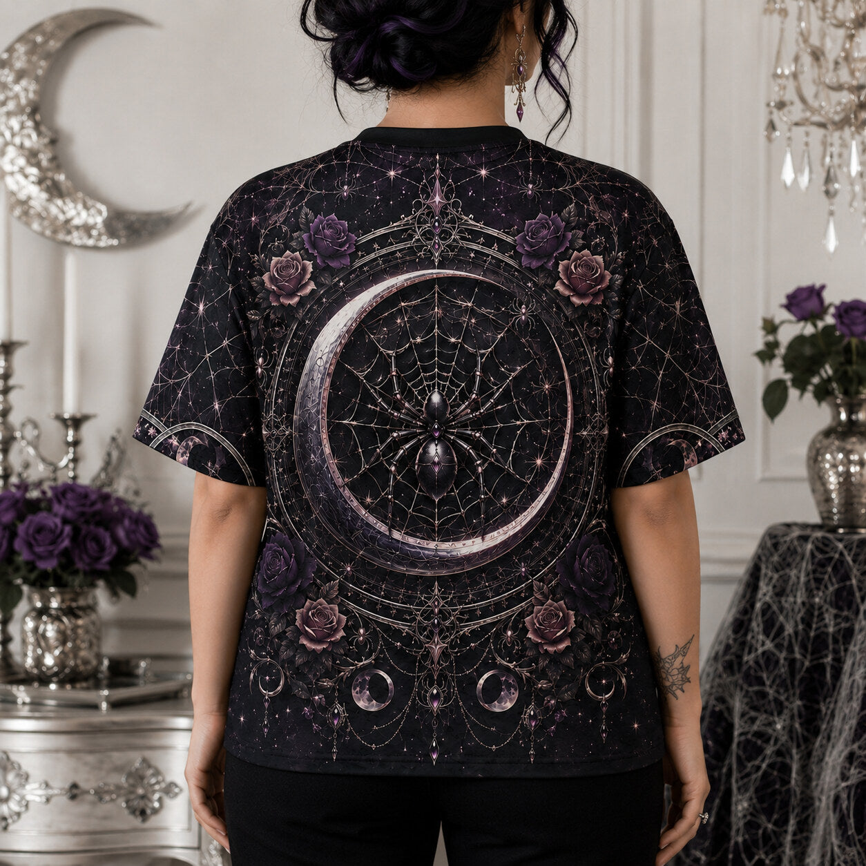 Spider Web Moon Witch T-Shirt Purple Crescent Gothic Tee worn, back view