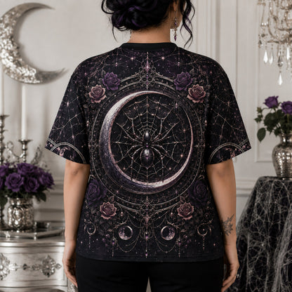 Spider Web Moon Witch T-Shirt Purple Crescent Gothic Tee worn, back view