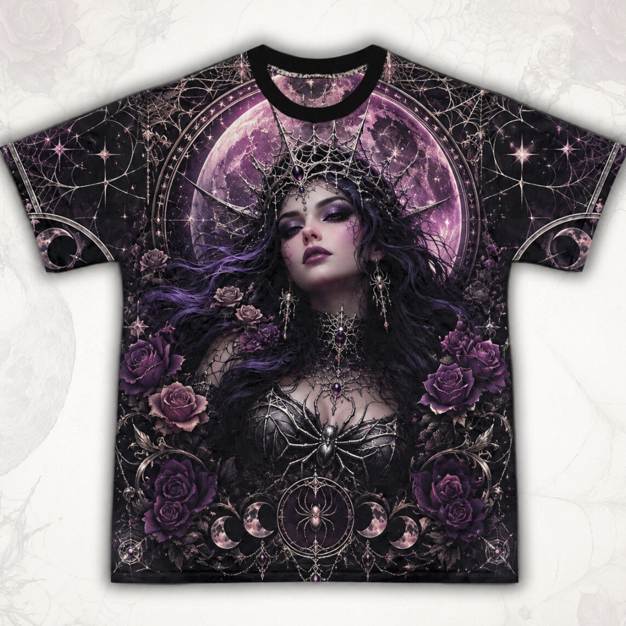Spider Web Moon Witch T-Shirt Purple Crescent Gothic Tee front view