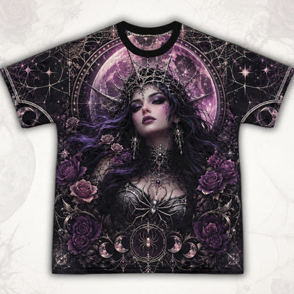 Spider Web Moon Witch T-Shirt Purple Crescent Gothic Tee front view