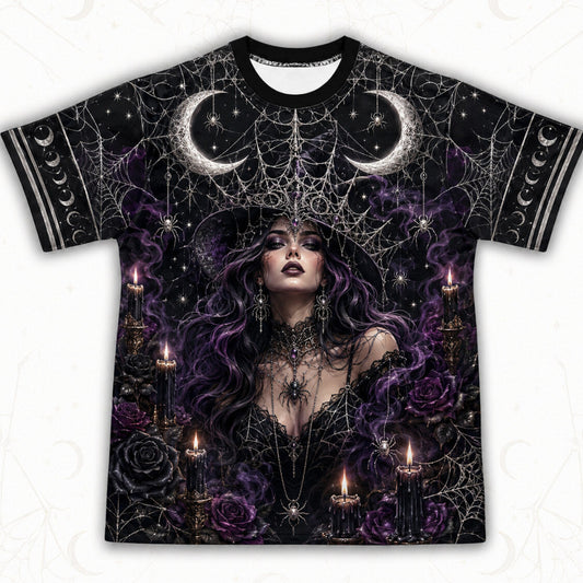 Spider Web Full Moon Witch T-Shirt Purple Candle Gothic Tee front view