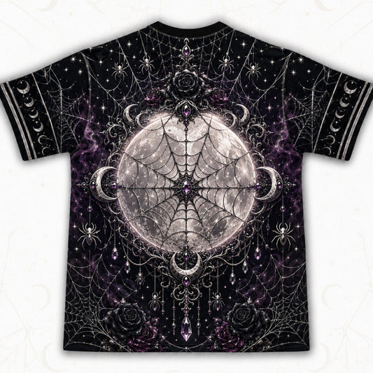 Spider Web Full Moon Witch T-Shirt Purple Candle Gothic Tee back view