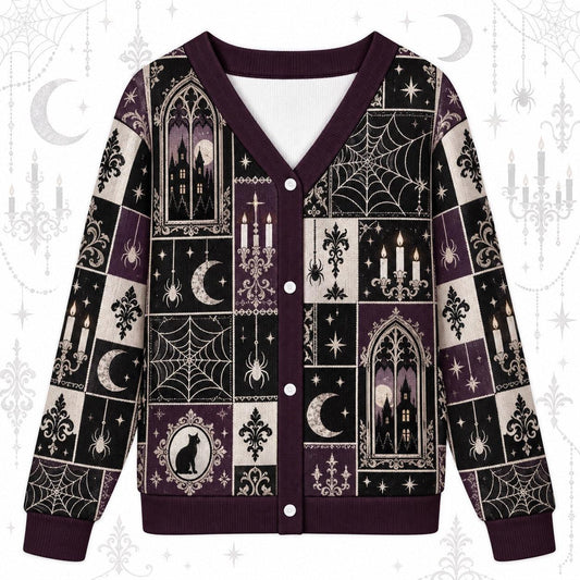 Spiderweb Moonlit Manor Gothic Cardigan for Women Plum Patchwork, front view