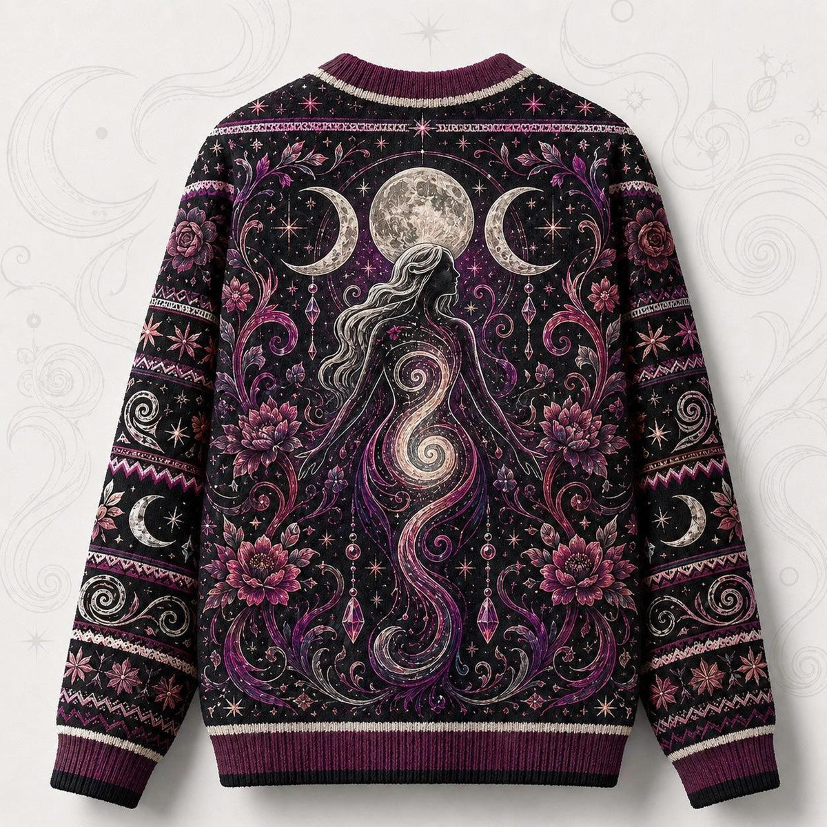 Spiral Goddess Sweater Rose Moon Phases Magenta Wiccan Knit back view