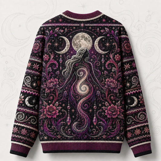 Spiral Goddess Sweater Rose Moon Phases Magenta Wiccan Knit back view