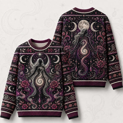 Spiral Goddess Sweater Rose Moon Phases Magenta Wiccan Knit front and back together