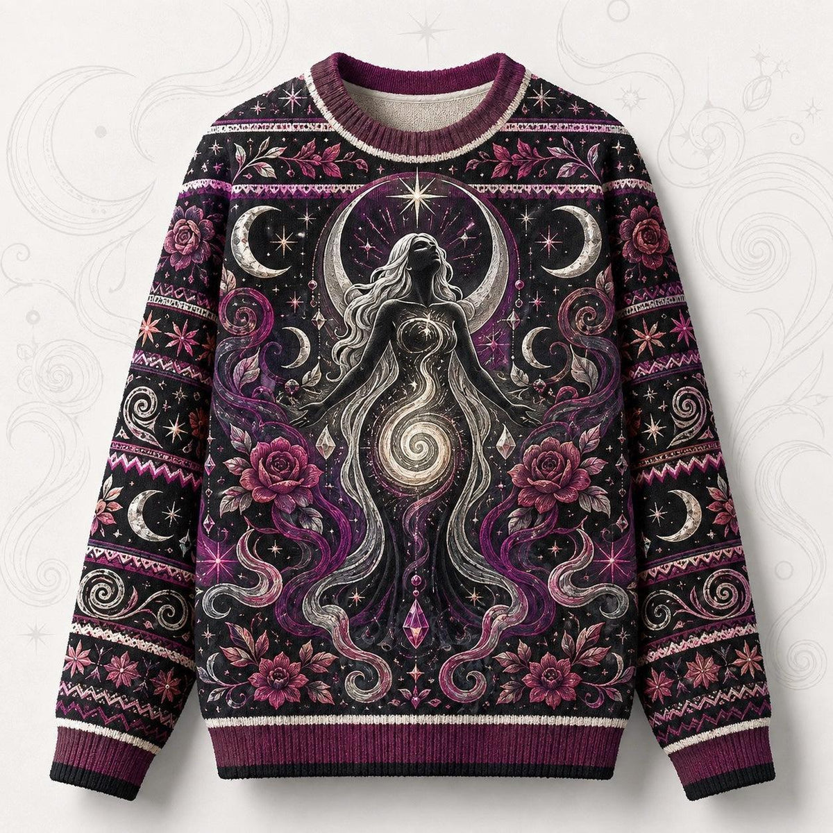 Spiral Goddess Sweater Rose Moon Phases Magenta Wiccan Knit front view
