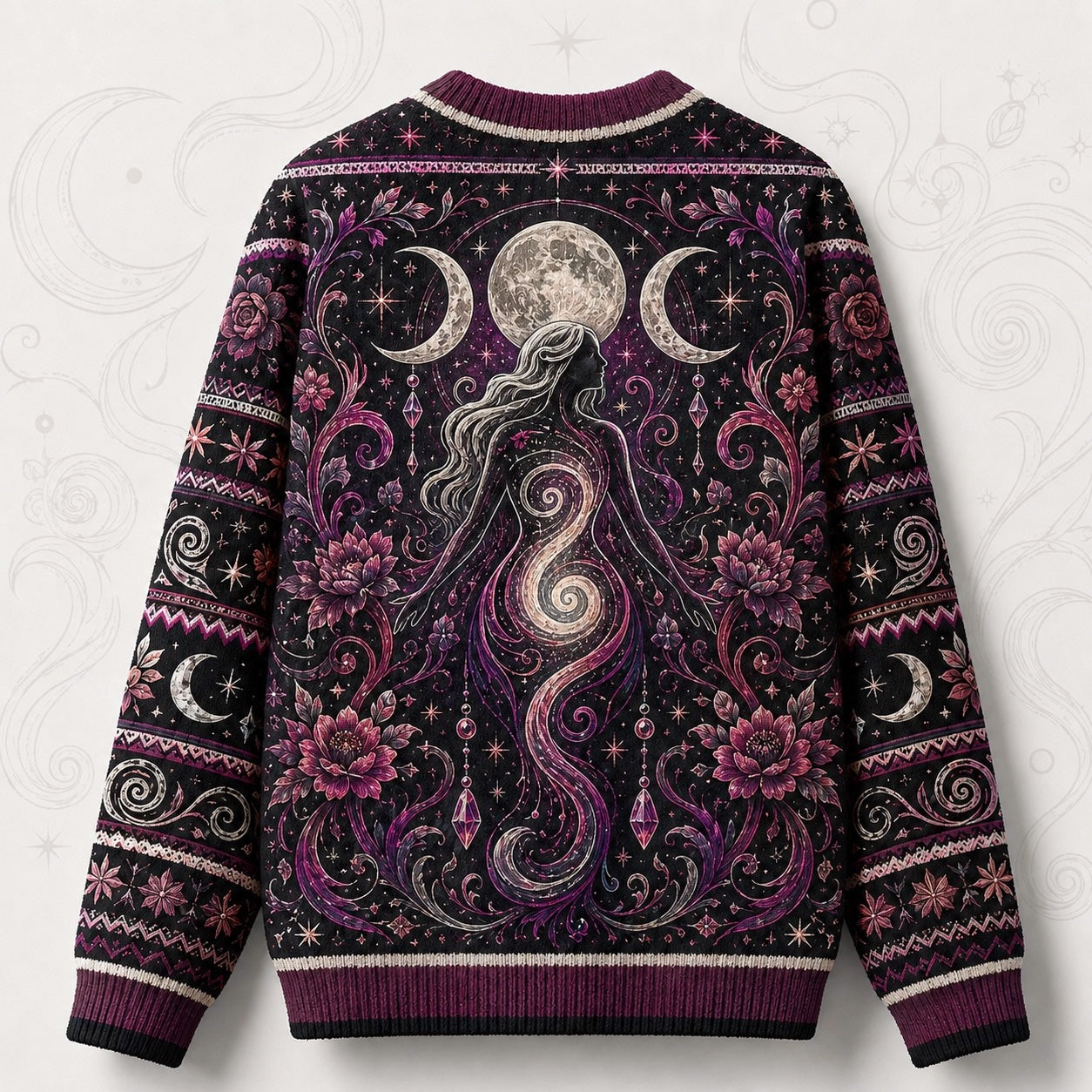 Spiral Goddess Sweater Rose Moon Phases Magenta Wiccan Knit back view