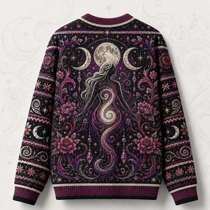 Spiral Goddess Sweater Rose Moon Phases Magenta Wiccan Knit back view