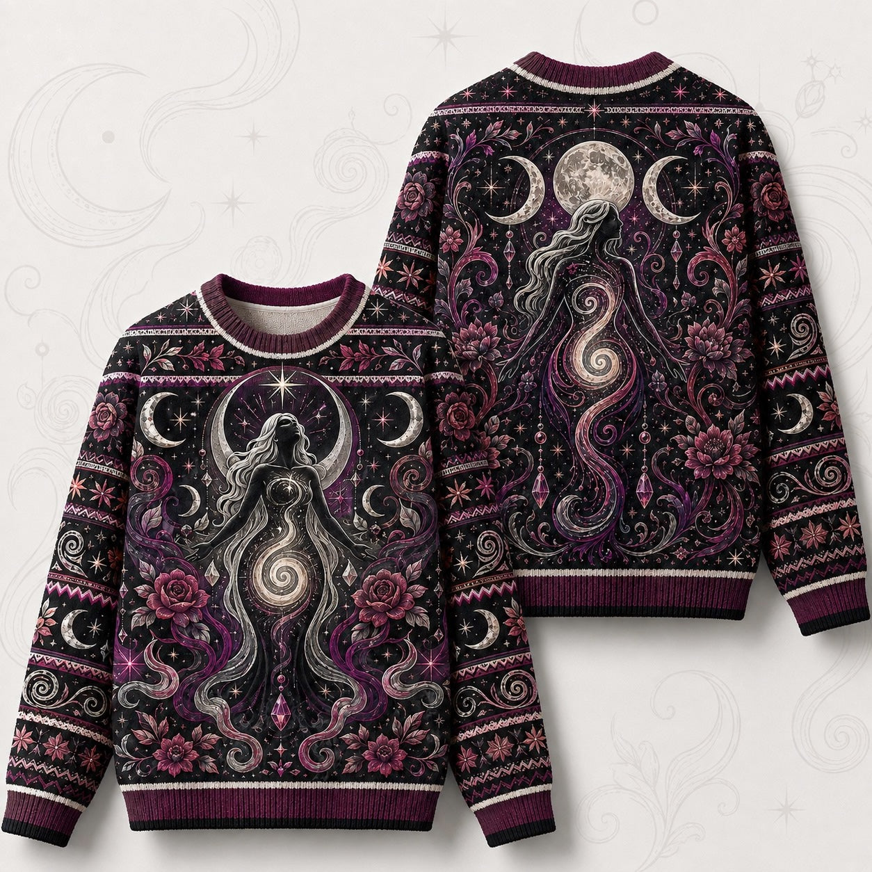 Spiral Goddess Sweater Rose Moon Phases Magenta Wiccan Knit front and back together