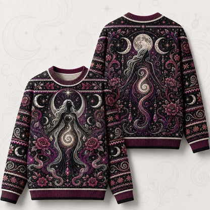 Spiral Goddess Sweater Rose Moon Phases Magenta Wiccan Knit front and back together