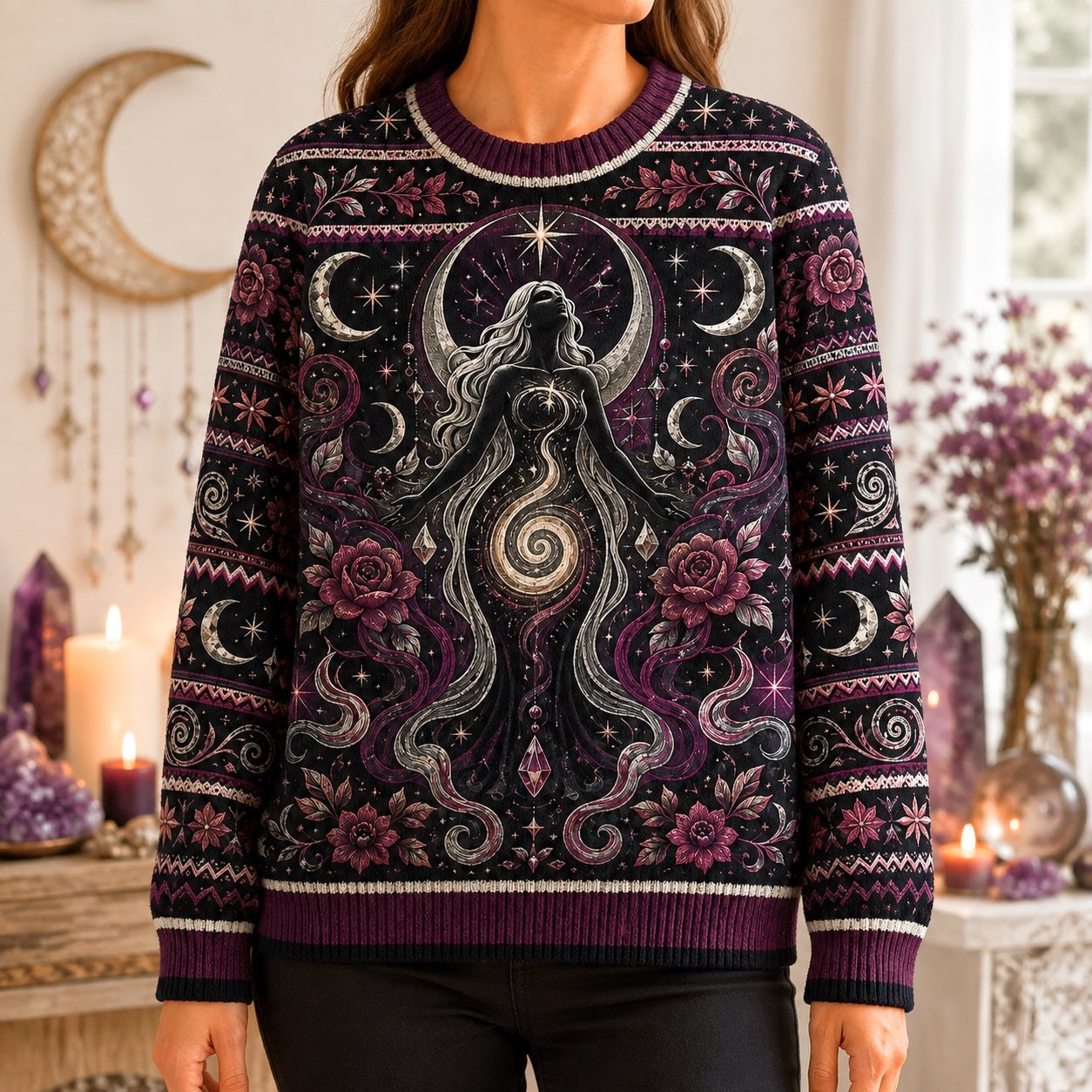 Spiral Goddess Sweater Rose Moon Phases Magenta Wiccan Knit worn, front view