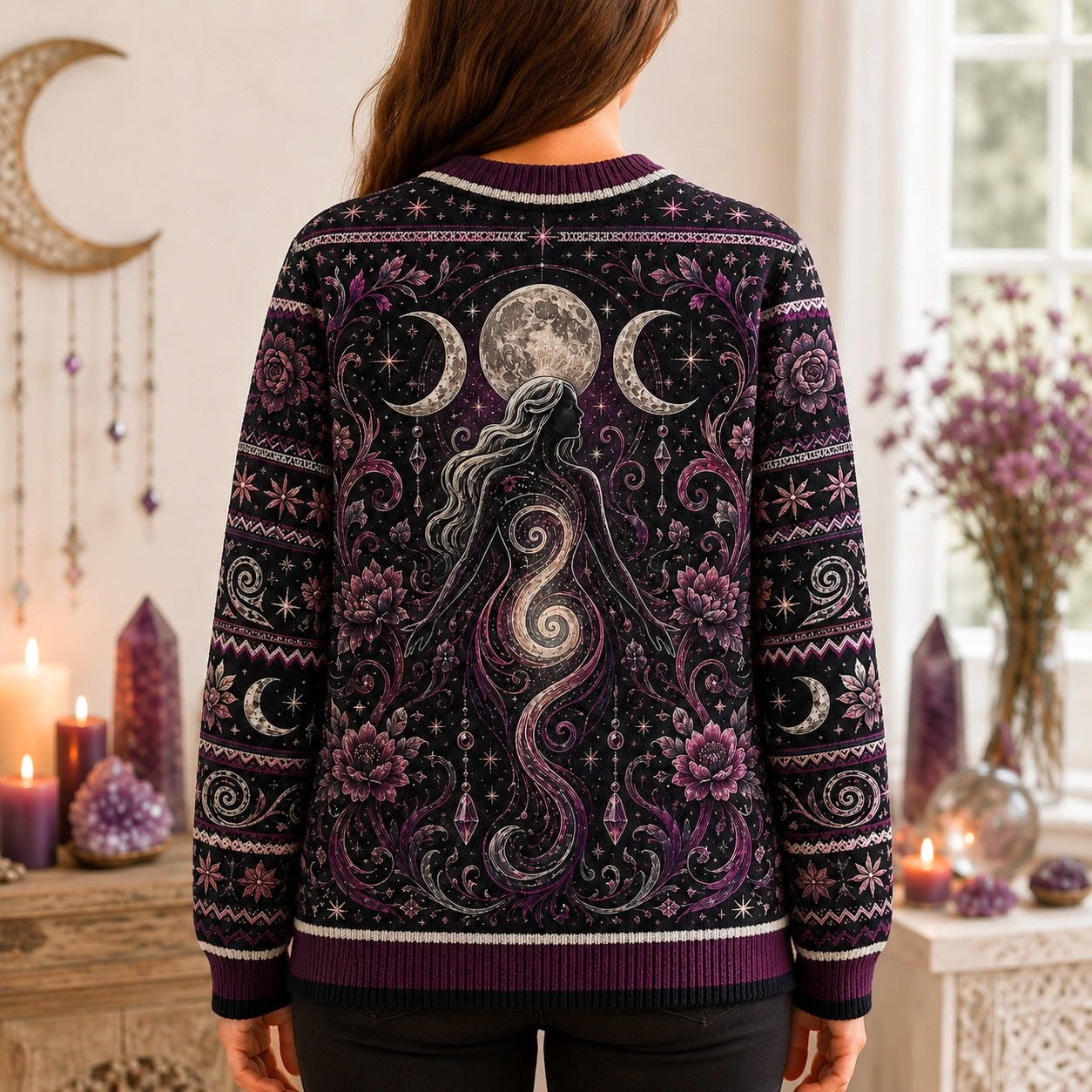 Spiral Goddess Sweater Rose Moon Phases Magenta Wiccan Knit worn, back view