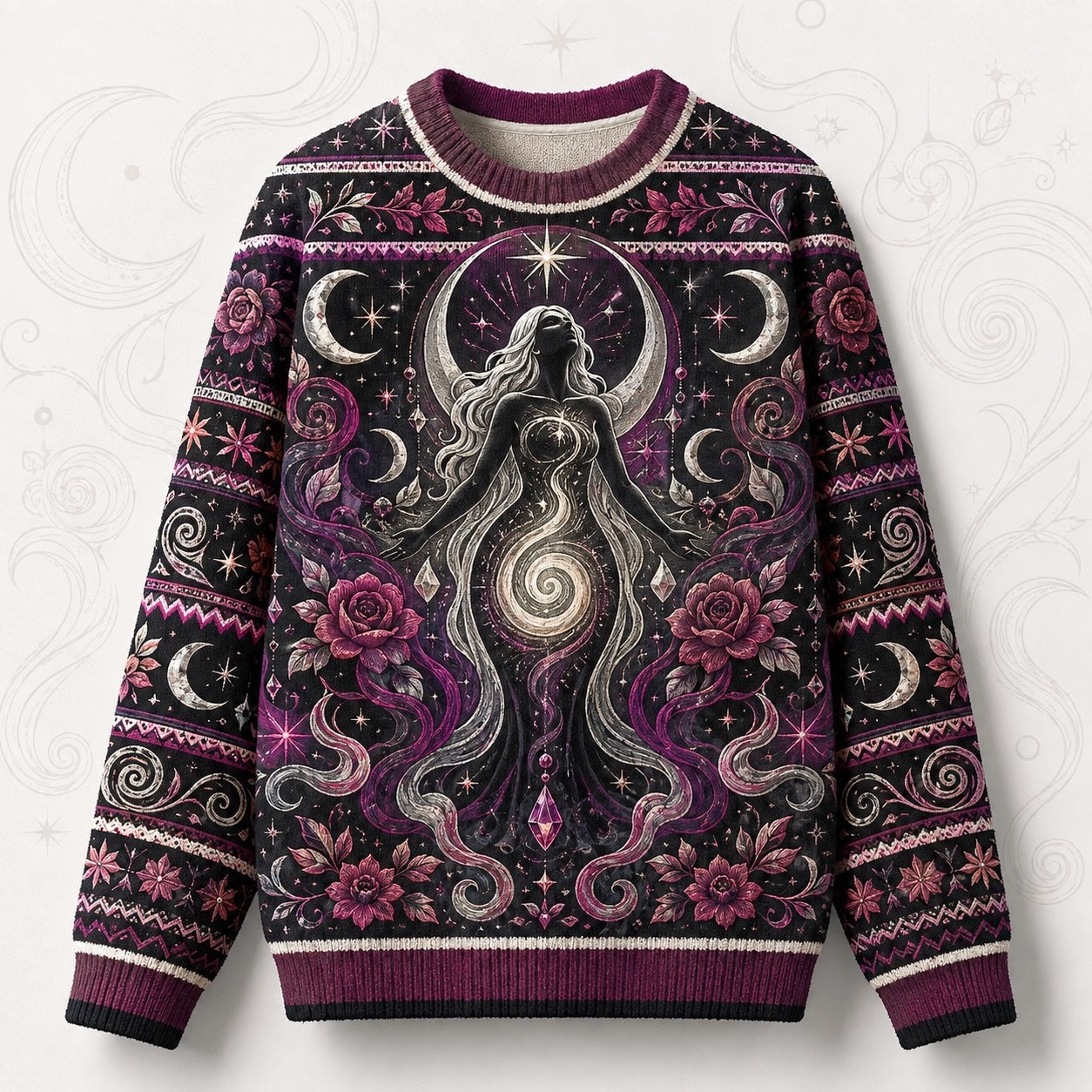 Spiral Goddess Sweater Rose Moon Phases Magenta Wiccan Knit front view