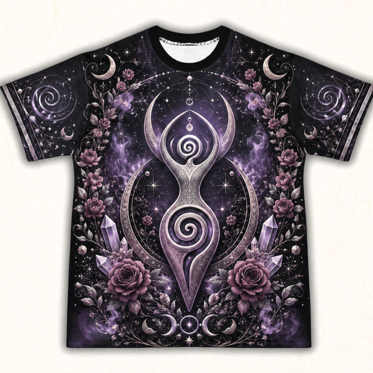 Spiral Goddess T-Shirt Purple Rose Crystal Wiccan Divine Tee front view