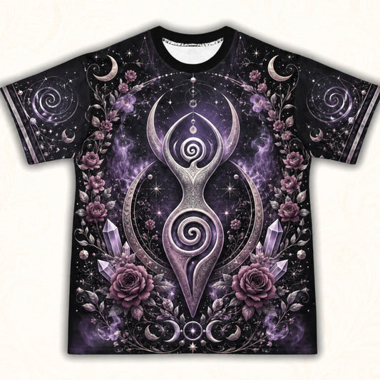 Spiral Goddess T-Shirt Purple Rose Crystal Wiccan Divine Tee front view