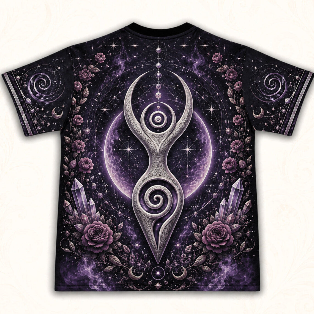 Spiral Goddess T-Shirt Purple Rose Crystal Wiccan Divine Tee back view