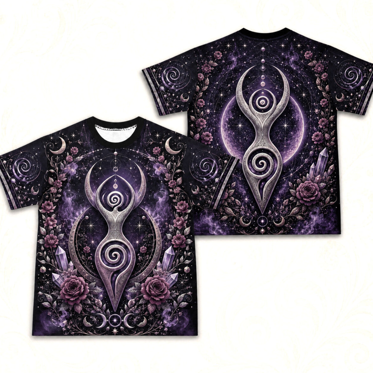 Spiral Goddess T-Shirt Purple Rose Crystal Wiccan Divine Tee front and back together