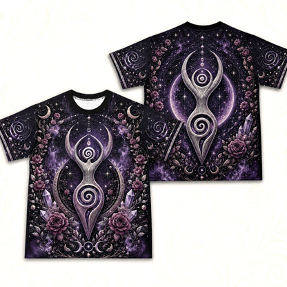 Spiral Goddess T-Shirt Purple Rose Crystal Wiccan Divine Tee front and back together