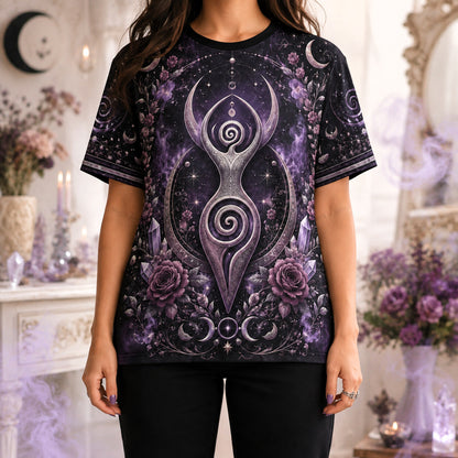 Spiral Goddess T-Shirt Purple Rose Crystal Wiccan Divine Tee worn, front view