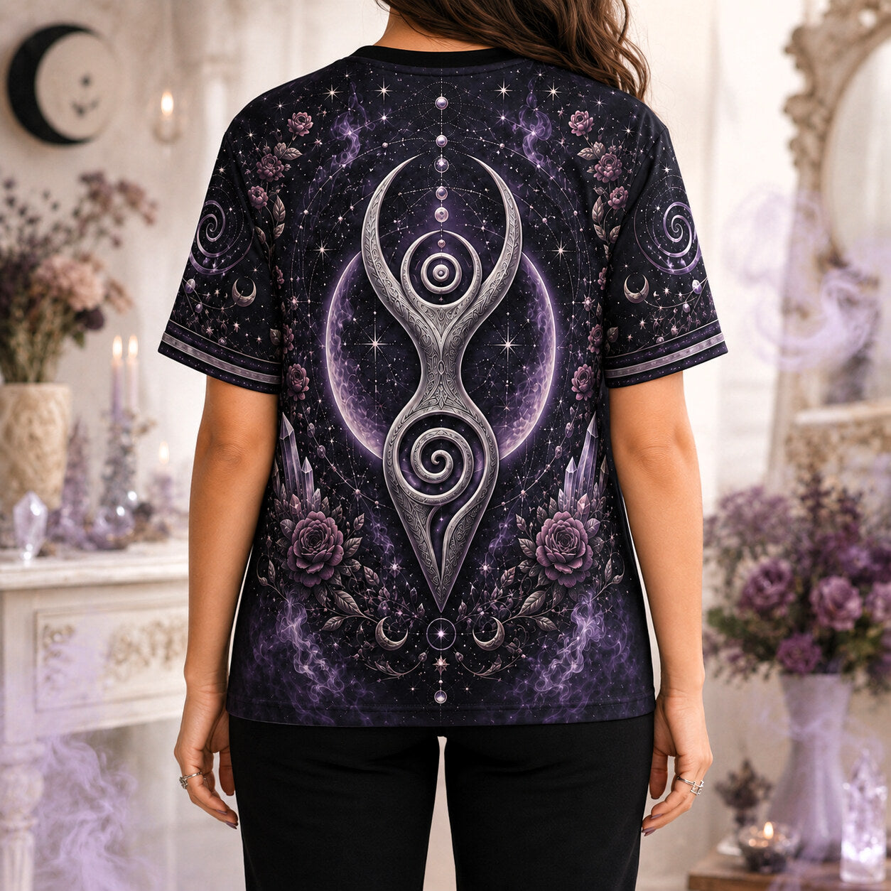 Spiral Goddess T-Shirt Purple Rose Crystal Wiccan Divine Tee worn, back view