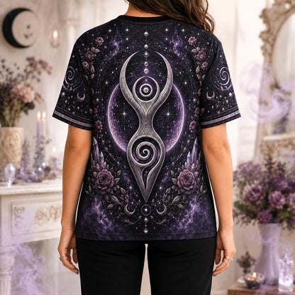 Spiral Goddess T-Shirt Purple Rose Crystal Wiccan Divine Tee worn, back view