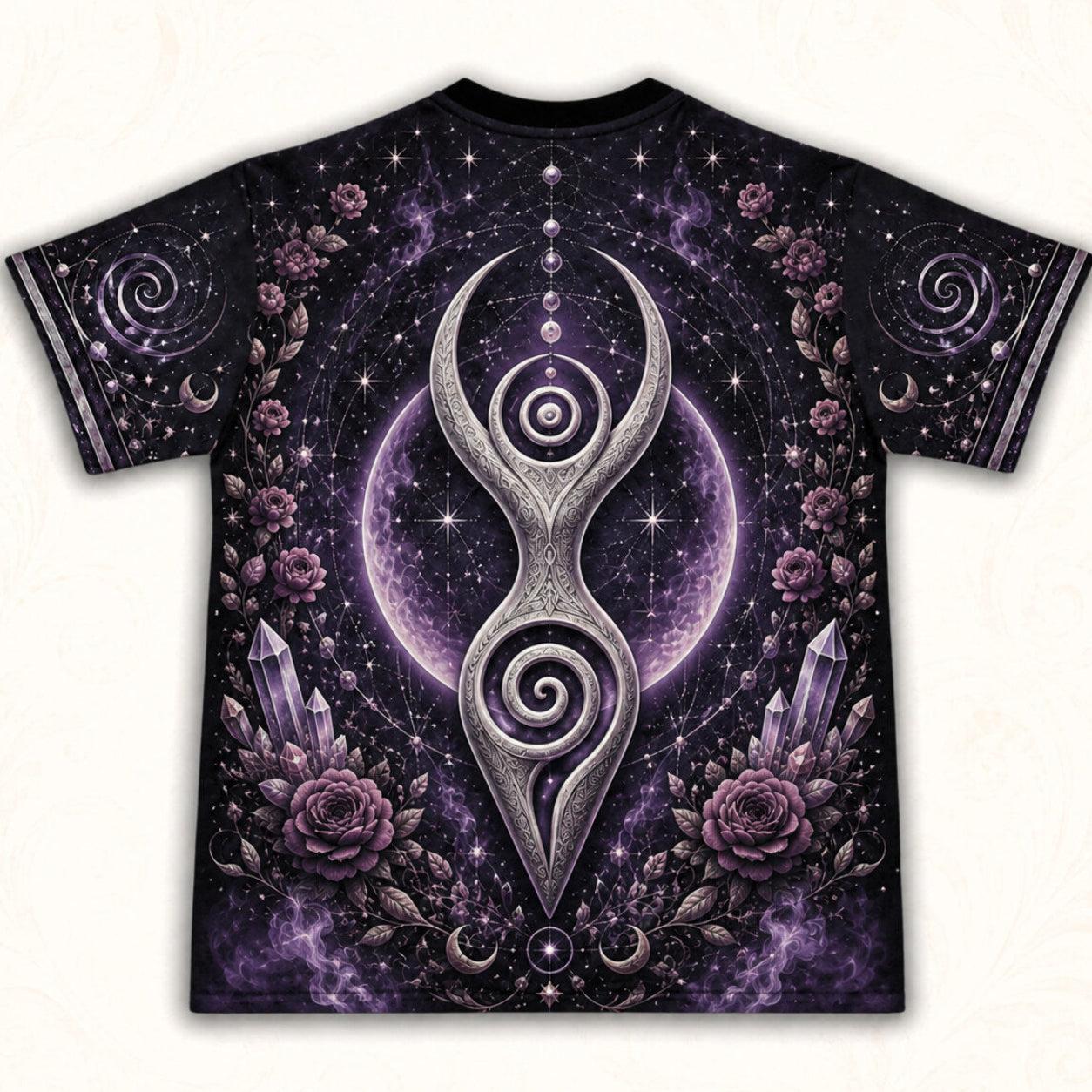 Spiral Goddess T-Shirt Purple Rose Crystal Wiccan Divine Tee back view