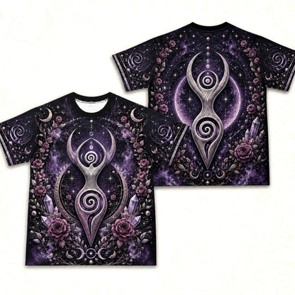 Spiral Goddess T-Shirt Purple Rose Crystal Wiccan Divine Tee front and back together