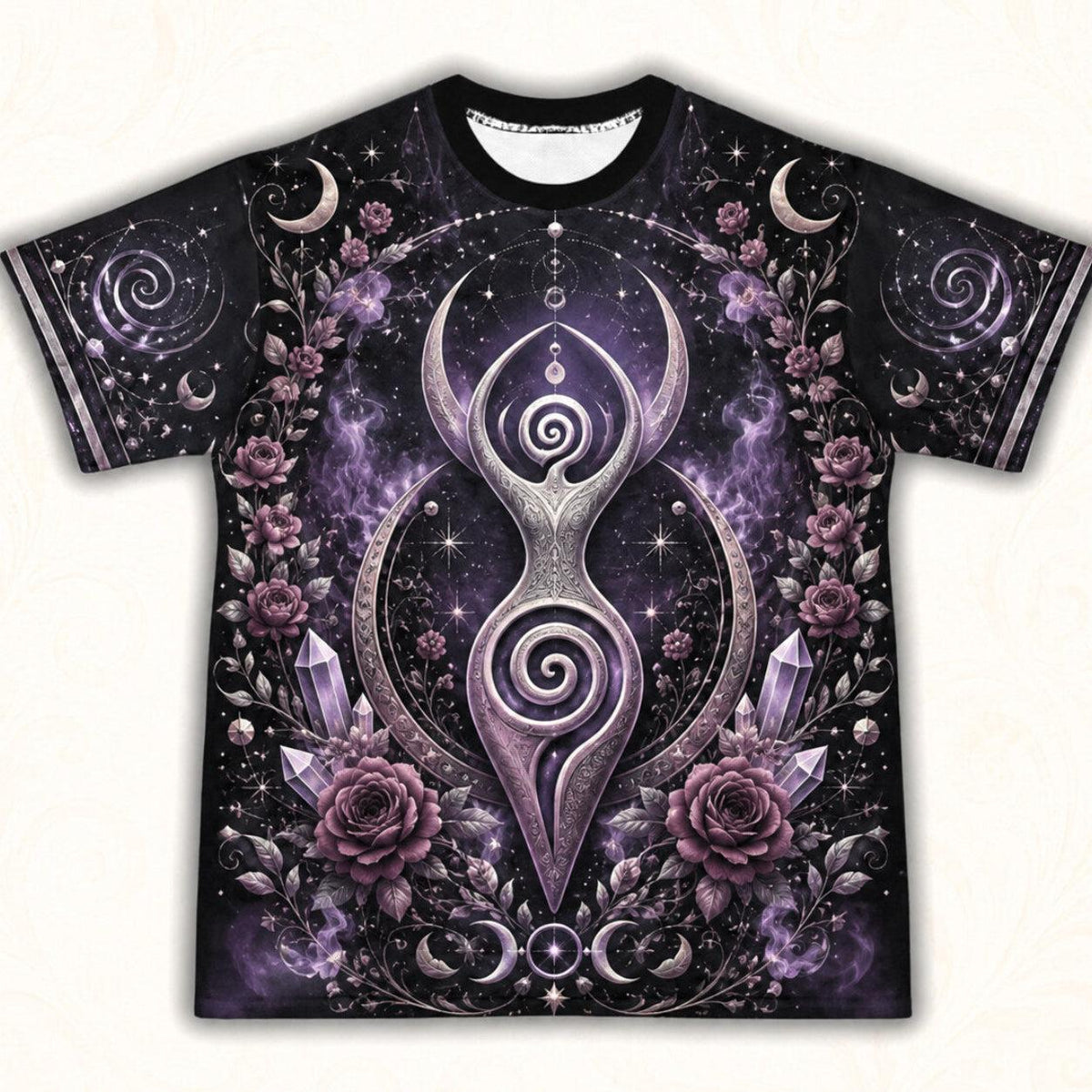 Spiral Goddess T-Shirt Purple Rose Crystal Wiccan Divine Tee front view
