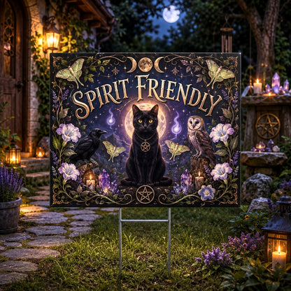 Spirit Black Cat Raven Owl Familiars Yard Sign - front view