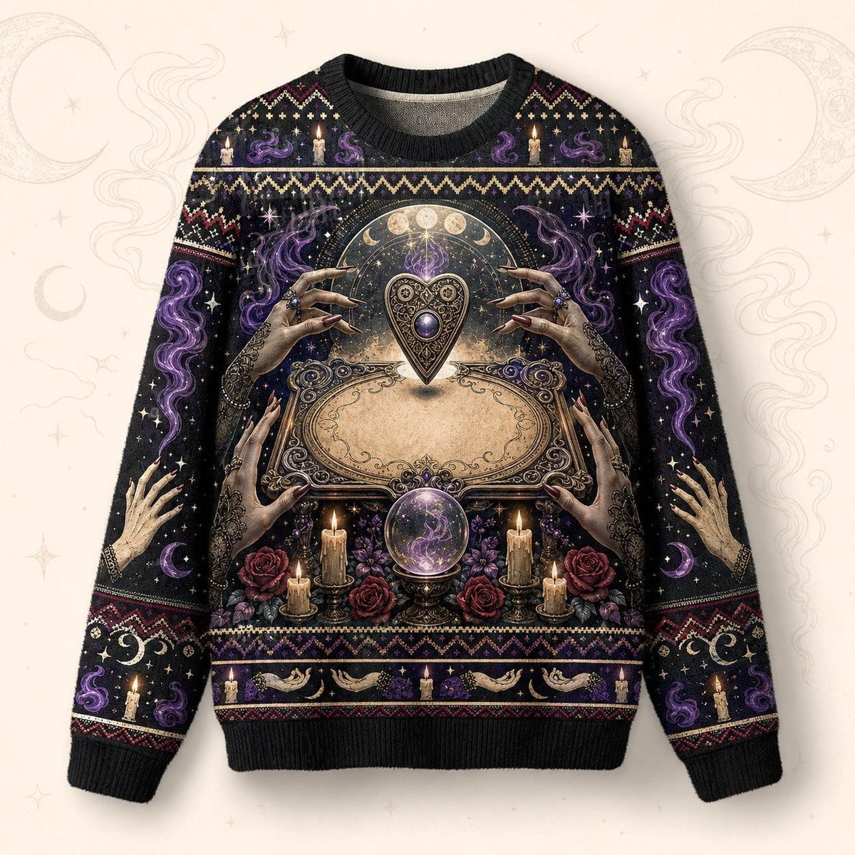 Spirit Board Sweater Pale Hands Candle Rose Purple Knit front view