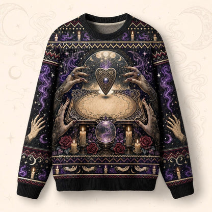 Spirit Board Sweater Pale Hands Candle Rose Purple Knit front view