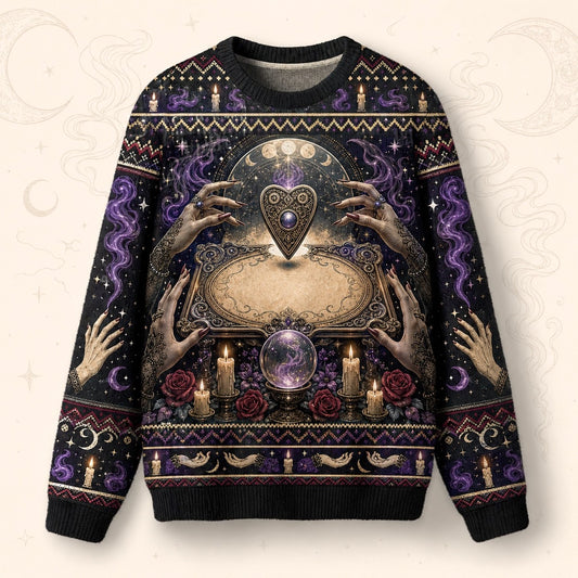 Spirit Board Sweater Pale Hands Candle Rose Purple Knit front view