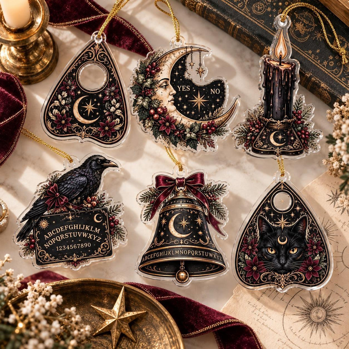 Spirit Board Gothic Christmas Acrylic Ornament Set – Planchette Decor – set of 6, another view
