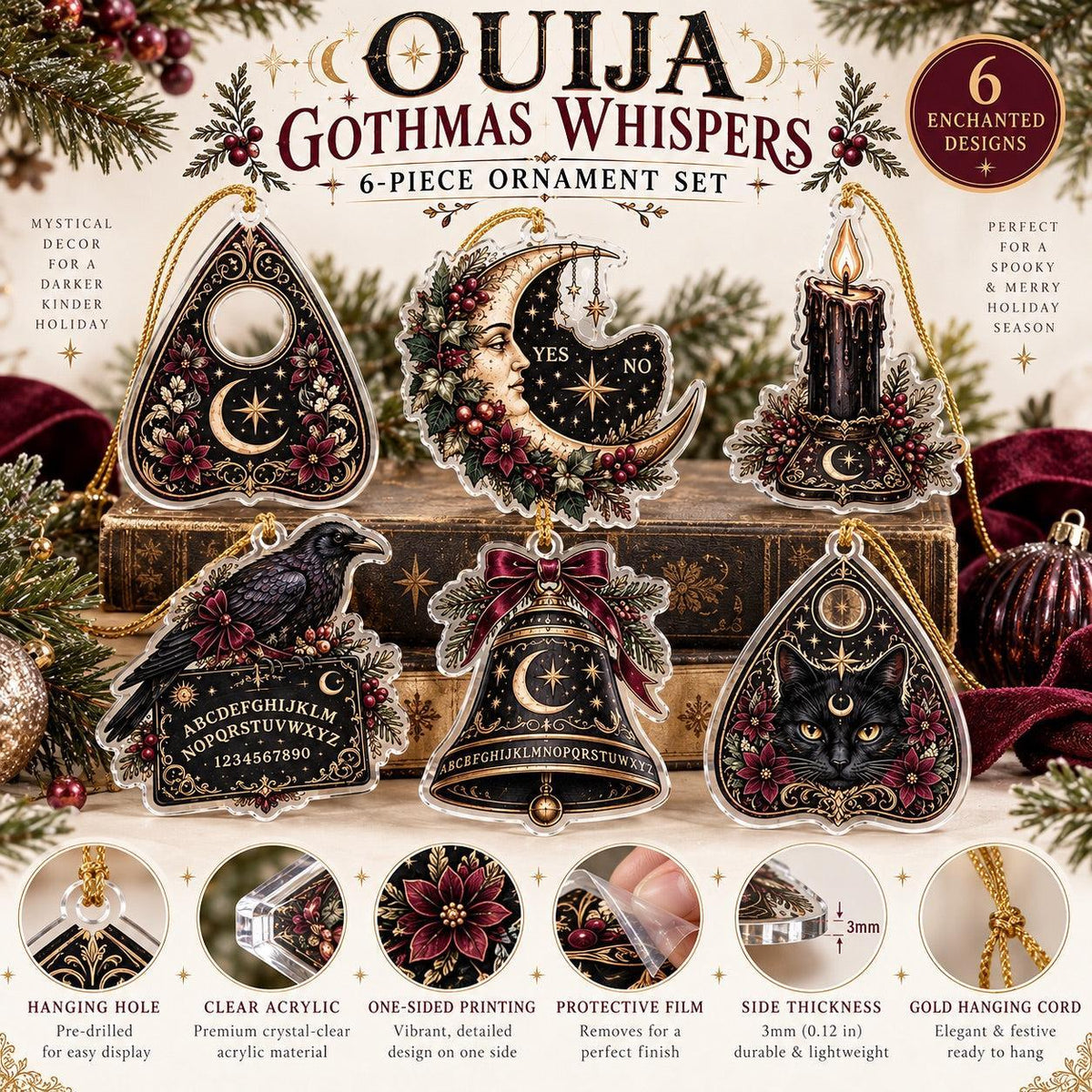Spirit Board Gothic Christmas Acrylic Ornament Set – Planchette Decor-MoonChildWorld