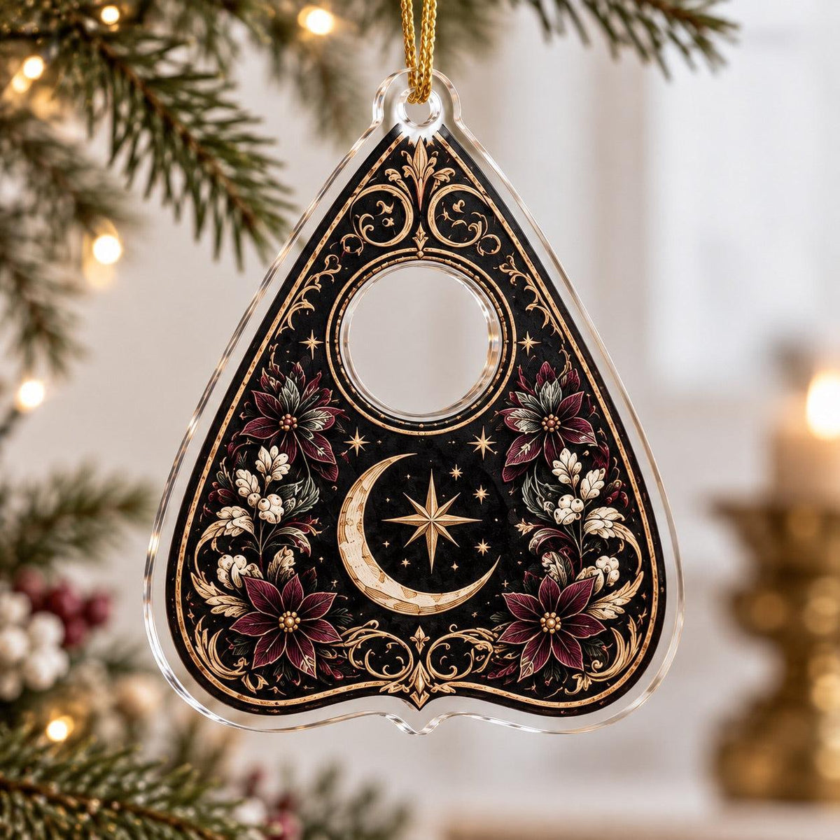Spirit Board Gothic Christmas Acrylic Ornament Set – Planchette Decor – Crescent Planchette ornament