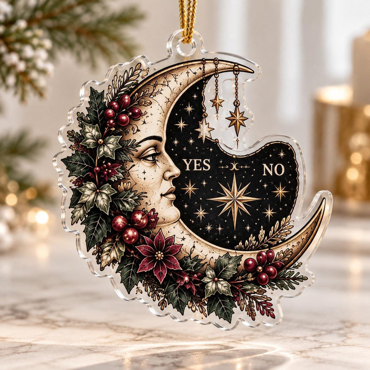 Spirit Board Gothic Christmas Acrylic Ornament Set – Planchette Decor – Yes No Moon ornament