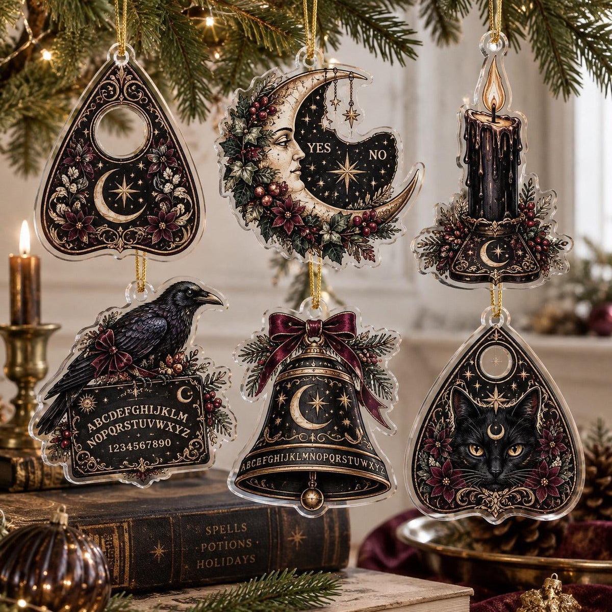 Spirit Board Gothic Christmas Acrylic Ornament Set – Planchette Decor – set of 6, another view