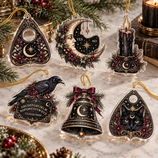 Spirit Board Gothic Christmas Acrylic Ornament Set – Planchette Decor – set of 6 acrylic ornaments