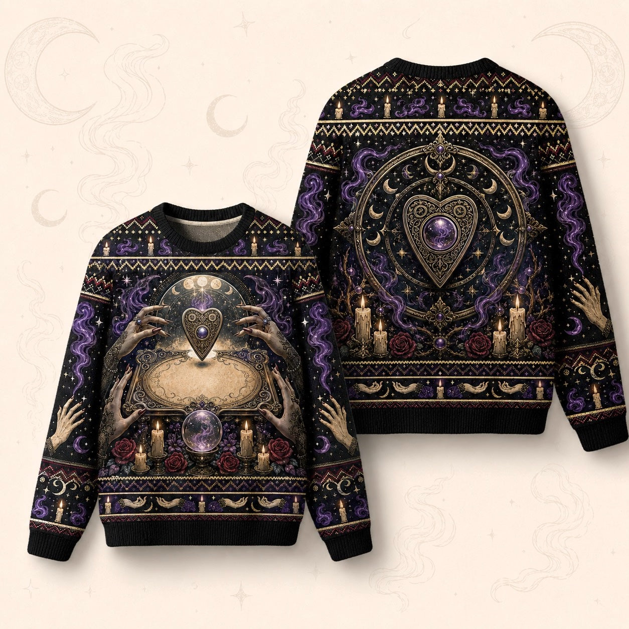 Spirit Board Sweater Pale Hands Candle Rose Purple Knit front and back together