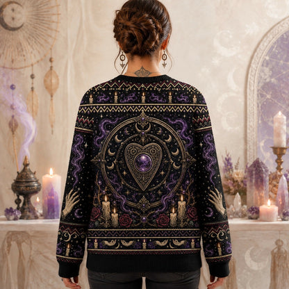 Spirit Board Sweater Pale Hands Candle Rose Purple Knit worn, back view
